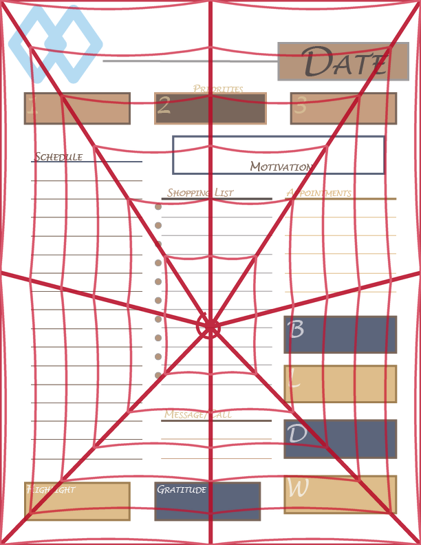 Daily planner page with a blue diamond emblem, numbered priority boxes, a schedule column, motivation box, shopping list, appointments, and meal and gratitude trackers