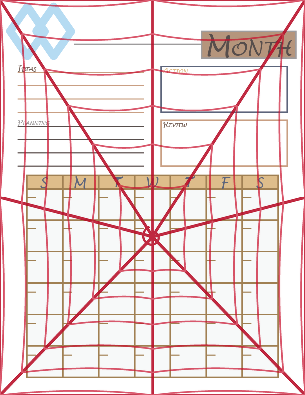Monthly planner page with a blue diamond emblem, sections for ideas, planning, action items, and review, above a full calendar grid