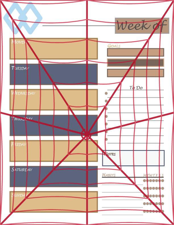 Weekly planner page with a blue diamond emblem, day-by-day blocks for Monday through Sunday, and sections for goals, to-do, notes, and habit tracking, in a tan and navy palette