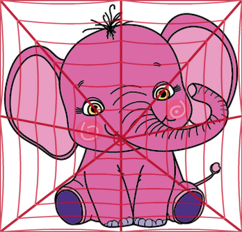 Hand-illustrated cartoon baby elephant character in pink and purple tones