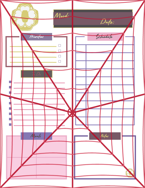 Daily planner page with a gold floral emblem, mood and date tracker, and sections for priorities, schedule, to-do, meals, and notes, in a mauve and gold color palette