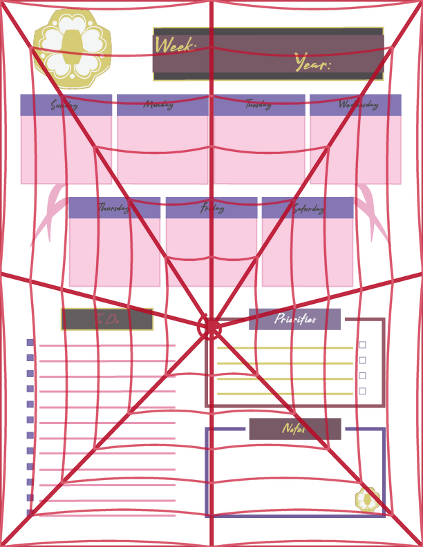 Weekly planner page with a gold floral emblem, day blocks for Sunday through Saturday linked by a ribbon accent, and sections for to-do, priorities, and notes, in a mauve and gold palette