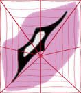 Small stylized illustration of pink lips with a dark decorative accent