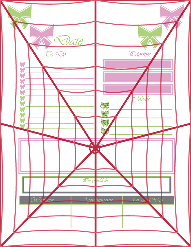Daily planner page framed with pink and green bow illustrations, featuring to-do and priorities lists, a meals section, notes, gratitude, and trackers for workout, appointments, and calls