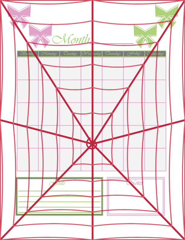 Monthly calendar page framed with pink and green bow illustrations, featuring a full calendar grid with goals and notes sections