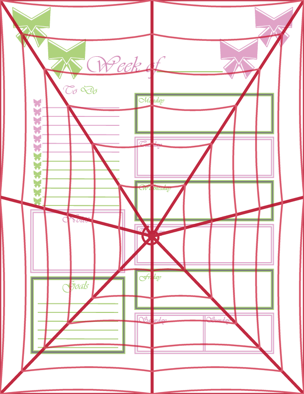 Weekly planner page framed with pink and green bow illustrations, featuring a to-do list and day-by-day blocks for the week, notes, and goals sections