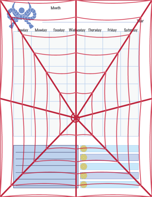 Monthly calendar page with a coiled blue ribbon emblem, a full day-by-day grid, and rows for notes and habit tracking