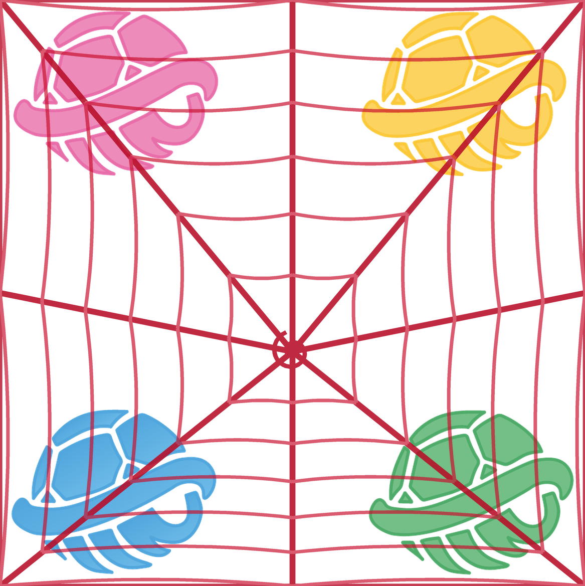 Four turtle shell icons in pink, gold, blue, and green color variants